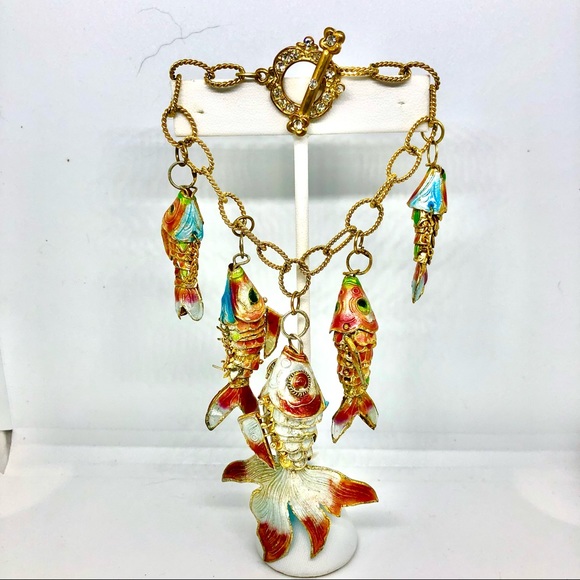 Gold colored chain bracelet with salmon & blue articulated cloisonne enamel koi. - Picture 2 of 7